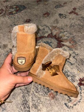 BearPaw Kids Chestnut Suede Shearling Boot with Satin Bow